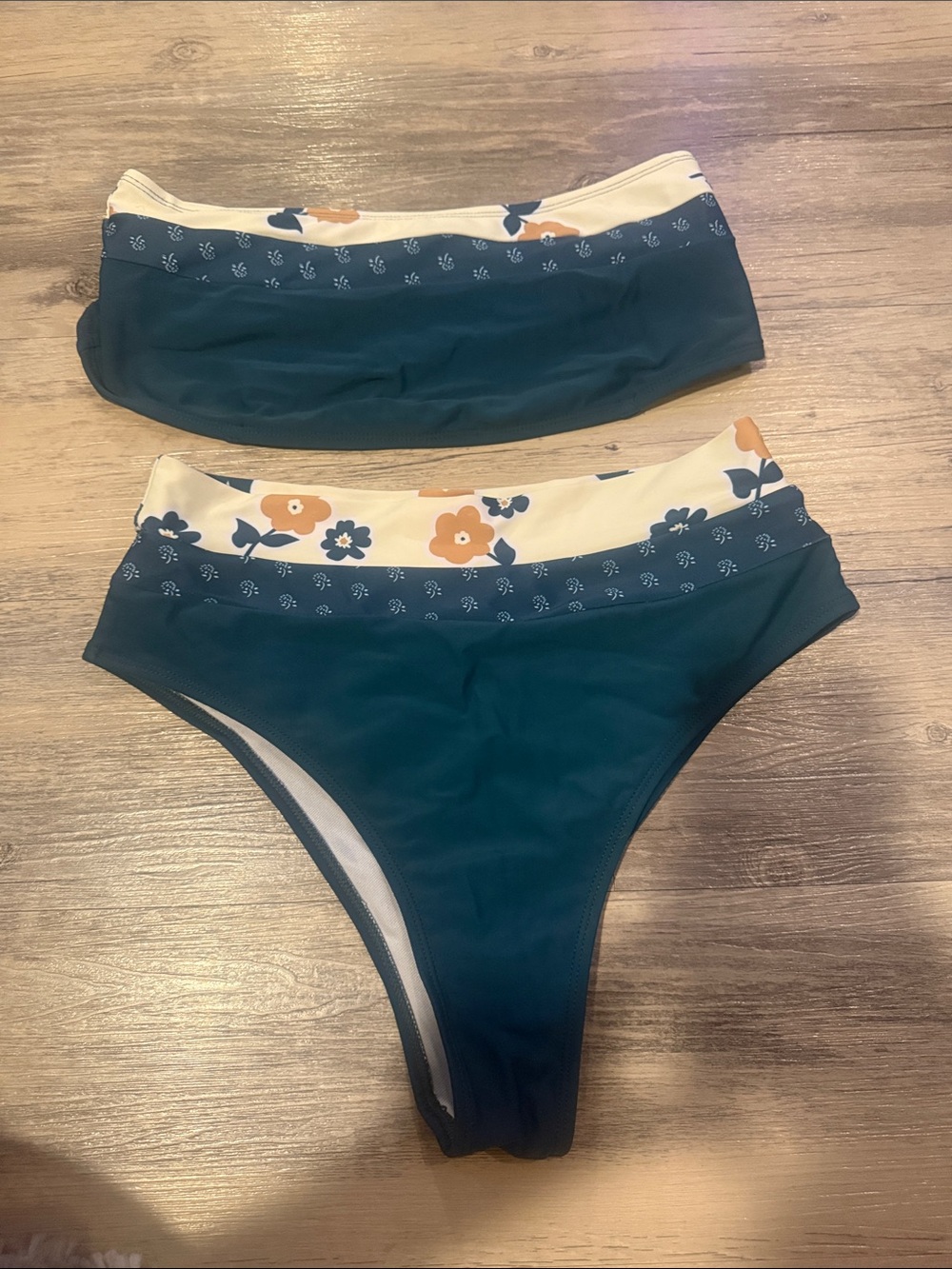 High-Waist Floral Trim Bikini Set - Teal and Cream